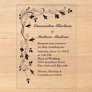 Black Floral Vine Wedding Elegant Botanical Acrylic Invitations