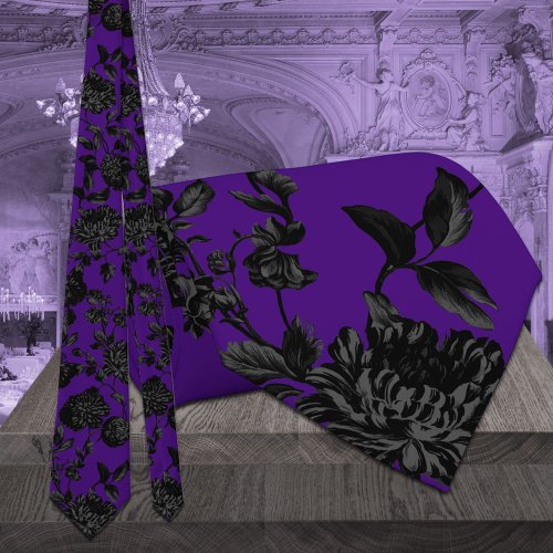 Black Floral Vine Wedding Gothic Purple Neck Tie