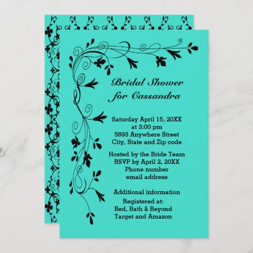 Black Floral Vines Turquoise or Color Bride Shower Invitation