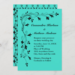 Black Floral Vines Turquoise or Color Choice Wed Invitation