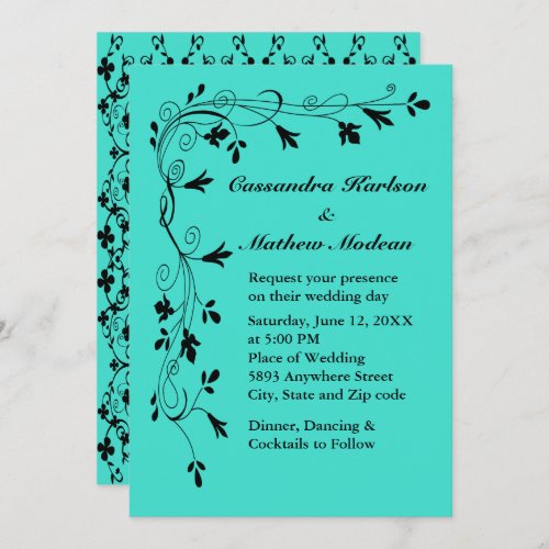 Black Floral Vines Turquoise or Color Choice Wed Invitation