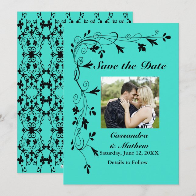 Black Floral Vines Turquoise or Color Save Date Save The Date (Front/Back)