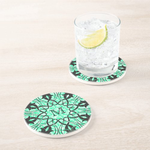 Black Floral Vintage Ornament  Mint_Green Damasks Sandstone Coaster