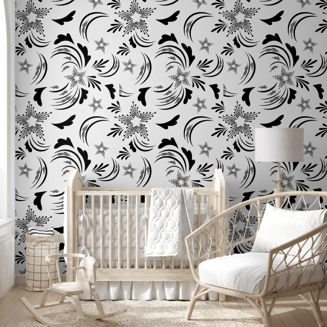 Black Floral Wallpaper with White Background (Kids)