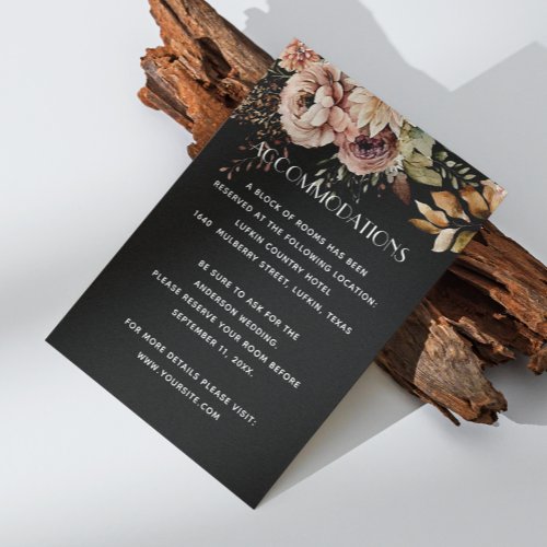 Black floral wedding accommodations  QR details Enclosure Card