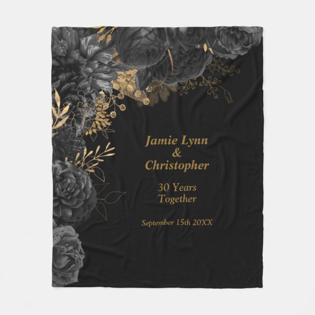 Black Floral Wedding Anniversary Fleece Blanket (Front)