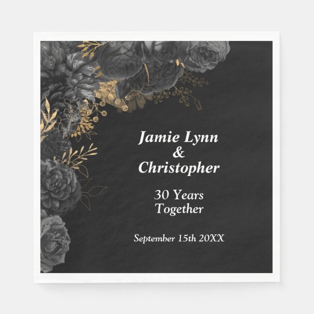 Black Floral Wedding Anniversary Napkins (Front)