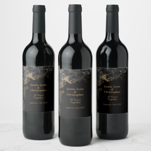 Black Floral Wedding Anniversary Wine Label