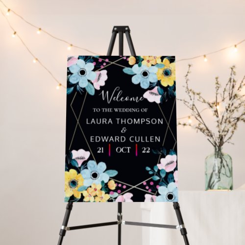 black floral wedding entrance venue board