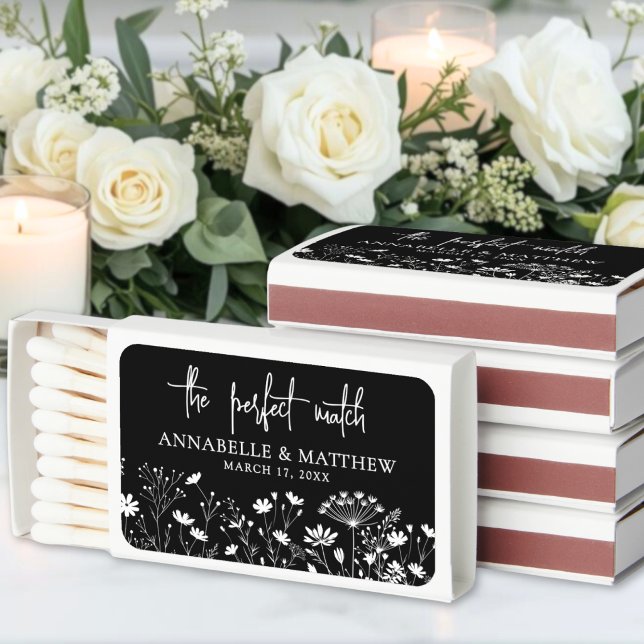 Black Floral Wedding Favor Matchboxes (Black Wildflower Wedding Favor Matchboxes)