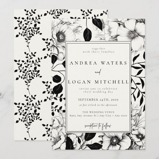Black Floral Wedding Invitations (Front/Back)