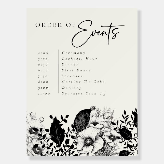 Black Floral Wedding  Order of Events Poster (Front)