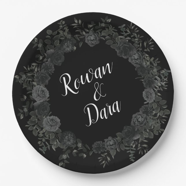 Black Floral Wedding Paper Plates (Front)