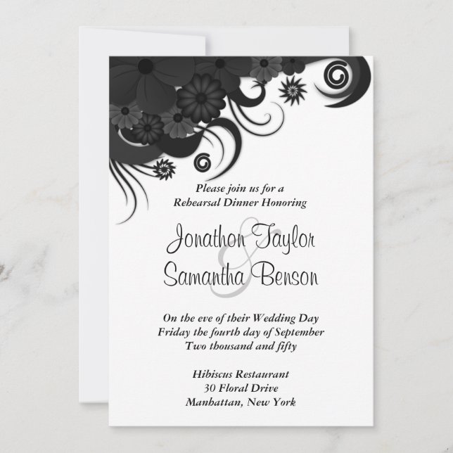 Black Floral Wedding Rehearsal Dinner Invites (Front)
