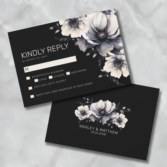 Black Floral Wedding RSVP Note Card (Elegant Modern Black Floral Wedding RSVP Note Card)