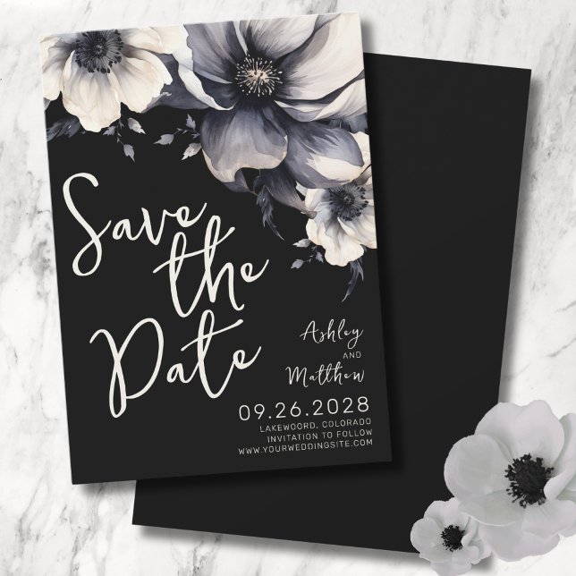 Black Floral Wedding Save The Date (Script Modern Elegant Floral Black White Wedding Save The Date)