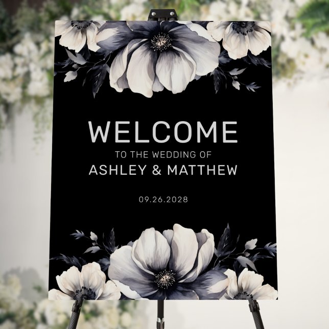 Black Floral Wedding Signage Welcome Foam Board (2 Sided Black Floral Wedding Signage Foam Board)