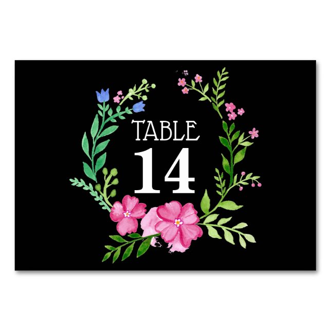 Black Floral Wedding Table Number Card (Front)