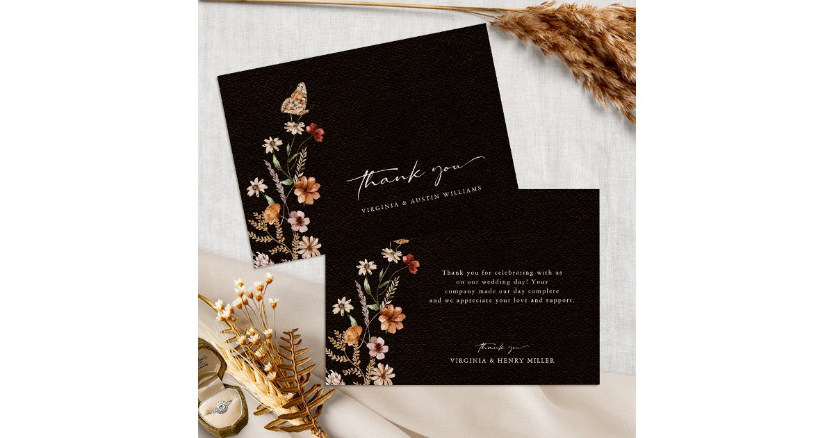 Black Floral Wedding Thank You Card | Zazzle