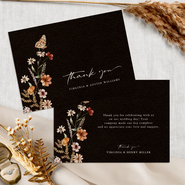 Black Floral Wedding Thank You Card | Zazzle