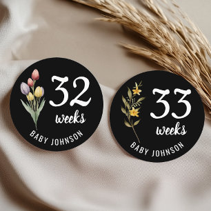 Black Floral Weeks Pregnancy Milestone Round Sign