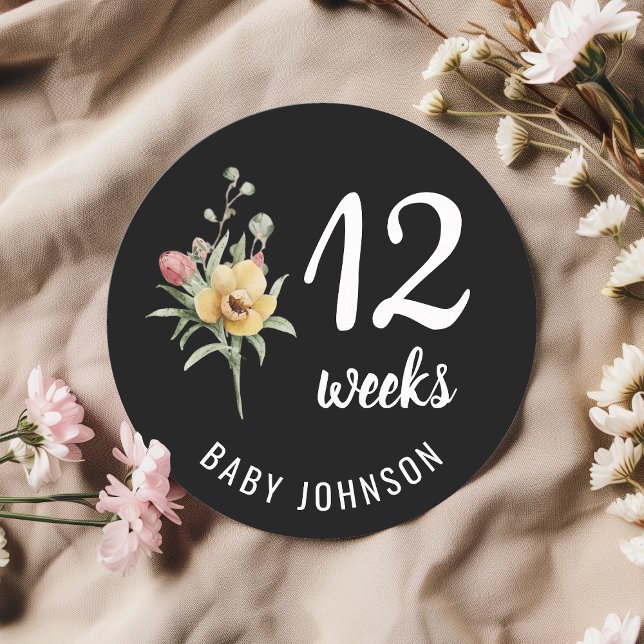 Black Floral Weeks Pregnancy Milestone Round Sign (Creator Uploaded)