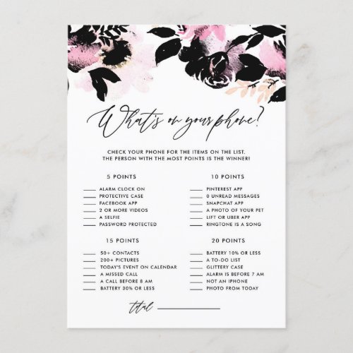 Black Floral Whats on Your Phone Bridal Shower Enclosure Card
