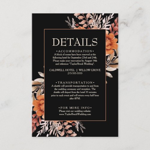 Black Floral Wildflower Fall Boho Wedding Details Enclosure Card