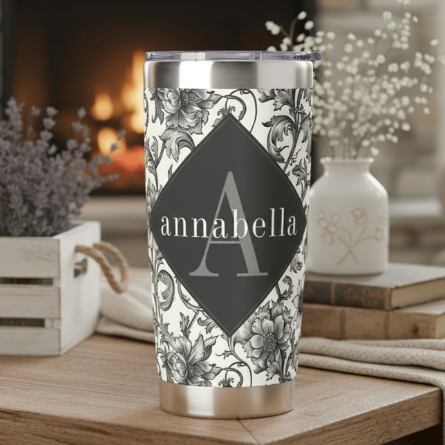 Black Floral William Morris Elegant Monogram Insulated Tumbler (Creator Uploaded)
