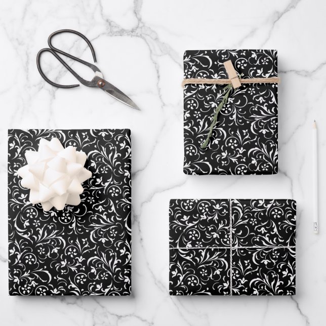 Black Floral Wrapping Paper Sheets (Front)
