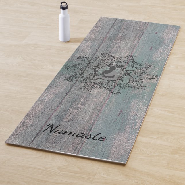 Black Floral Wreath Buddha on Rustic Wood  Yoga Mat (In Situ)
