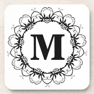 Black Floral Wreath Monogram Coaster