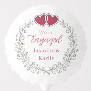 black floral wreath red heart we are engaged name balloon