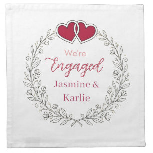 black floral wreath red heart we are engaged name  cloth napkin