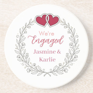 black floral wreath red heart we are engaged name coaster