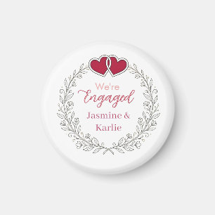 black floral wreath red heart we are engaged name  magnet