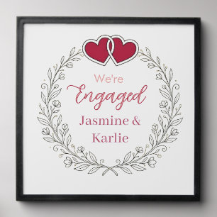 black floral wreath red heart we are engaged name peel and stick photo tile