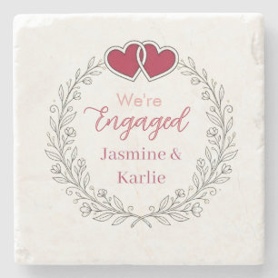 black floral wreath red heart we are engaged name stone coaster