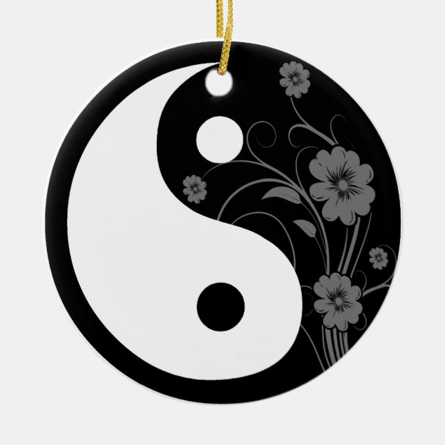 Black Floral Yin Yang Ceramic Ornament (Front)