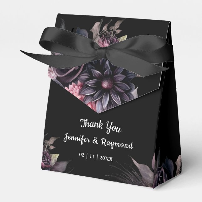 Black Florals Gothic Wedding Favor Boxes (Front Side)