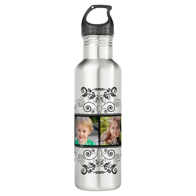 Black Flourish 4-Photo Frame Water Bottle (Front)
