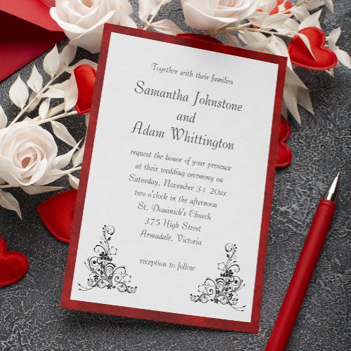 Black Flourish and Red Velvet Frame Wedding Invitation