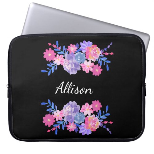Black Flower Custom Monogram Laptop Sleeve