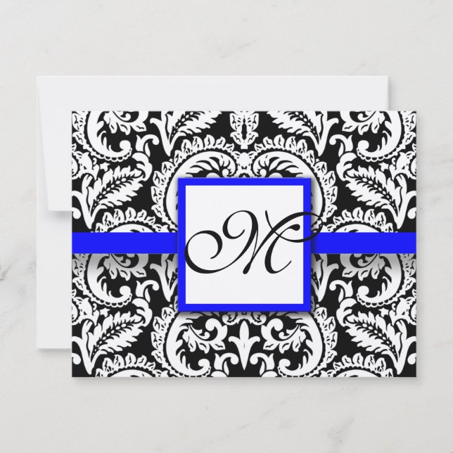 Black Flower Damask with Royal Blue Trim RSVP Card (Front)