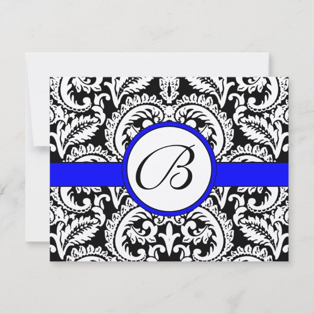 Black Flower Damask with Royal Blue Trim RSVP Card (Front)