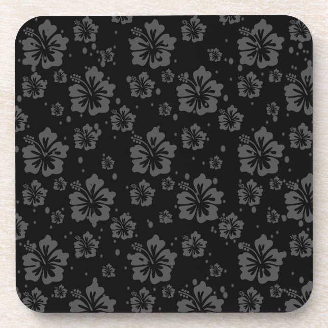 Black Flower Illustration on Black Background  Beverage Coaster (Front)