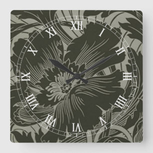 Black Flower Line Art Square Roman Numerals Clock