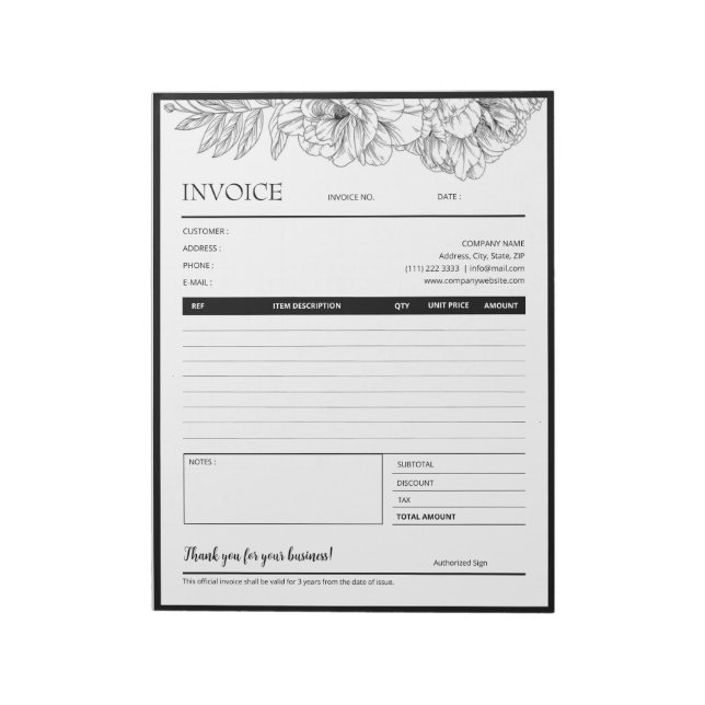 Black Flower Line Design Business Invoice Template Notepad (Rotated)