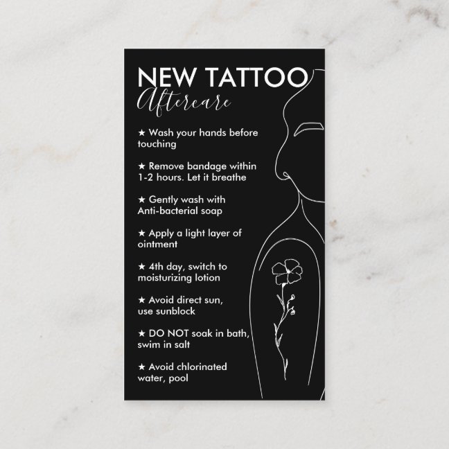 Black Flower on Girl Shoulder New Tattoo Aftercare Business Card