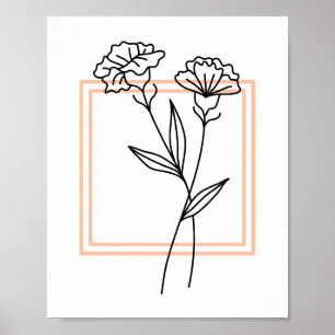 Black Flower Outline with Peach Frame Art Poster